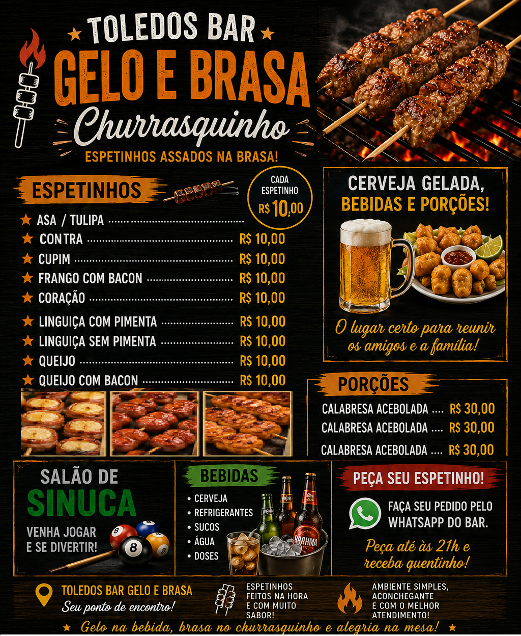 Cardápio do Toledo's Bar Gelo e Brasa com espetinhos, porções, bebidas e salão de sinuca